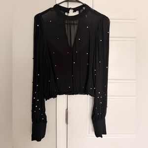 Free People Black Sheer Blouse with Pearl Details